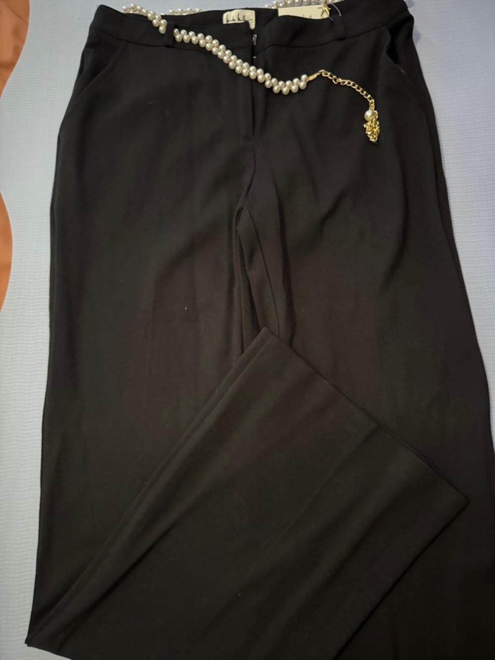 Nicole Miller Black Tailored Trousers with Pearl Chain Accent - Picture 2 of 8